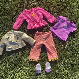 American Girl  doll clothing - gold jacket, 2 x shirts, pants, shoes, bracelet